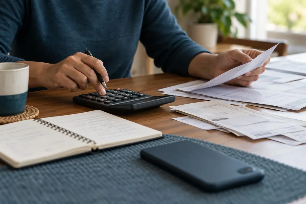 Mãos organizam contas e orçamento em uma mesa com calculadora e caderno.