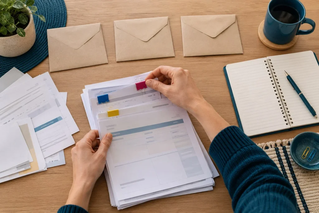 Organização de contas e documentos para planejar uma renegociação de dívidas.