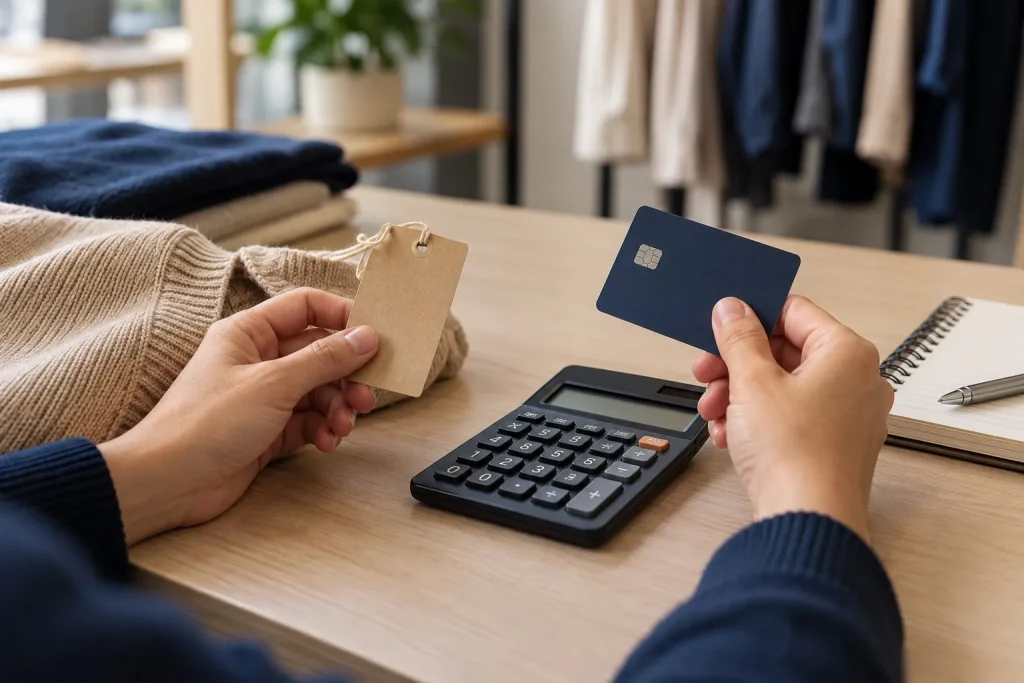 Mãos comparam cartão, etiqueta e calculadora antes de uma compra.