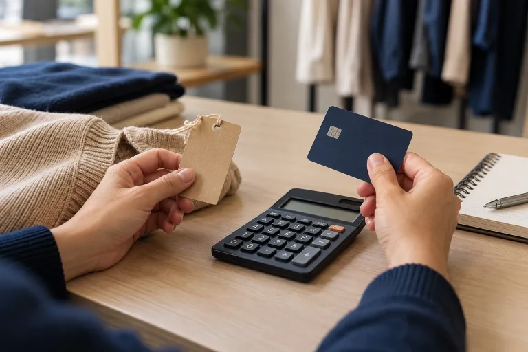 Mãos comparam cartão, etiqueta e calculadora antes de uma compra.