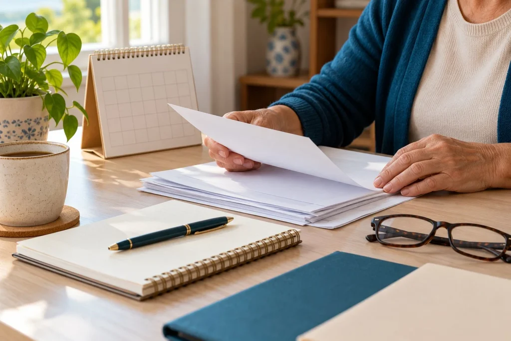 Pessoa aposentada organiza um calendário e documentos para planejar despesas do mês.