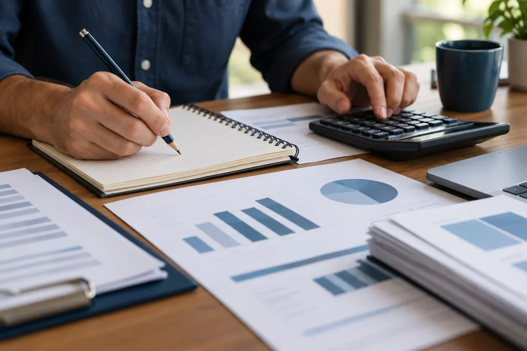 Documentos, caderno e calculadora ilustram o estudo de informações financeiras.
