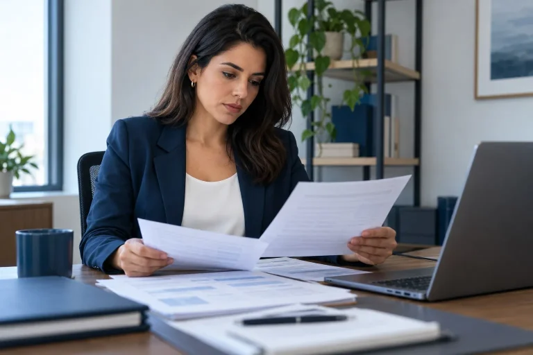 Analista estuda documentos de uma empresa em uma mesa de trabalho.