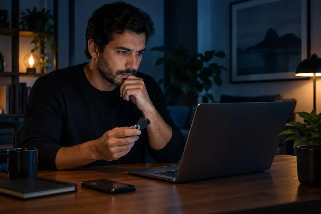 Homem consulta computador e dispositivo de segurança digital em casa.