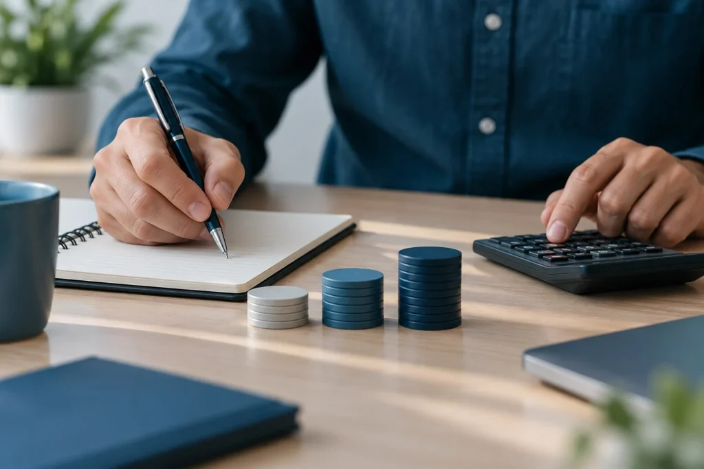 Calculadora e anotações ilustram a comparação entre margem e exposição financeira.
