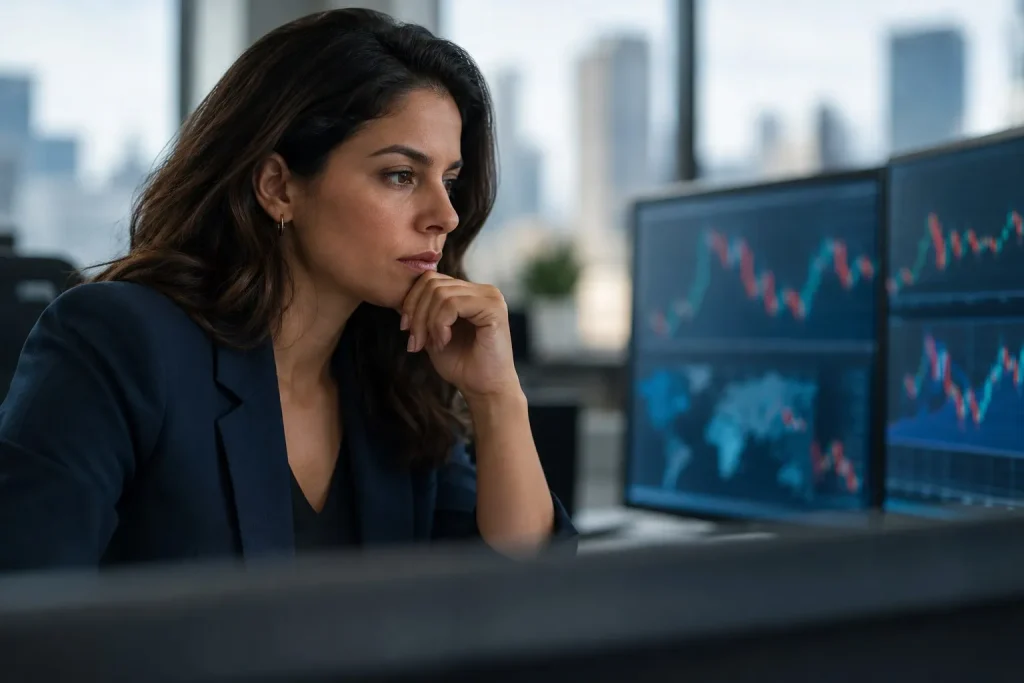 Mulher observa telas de trabalho ao analisar riscos financeiros.
