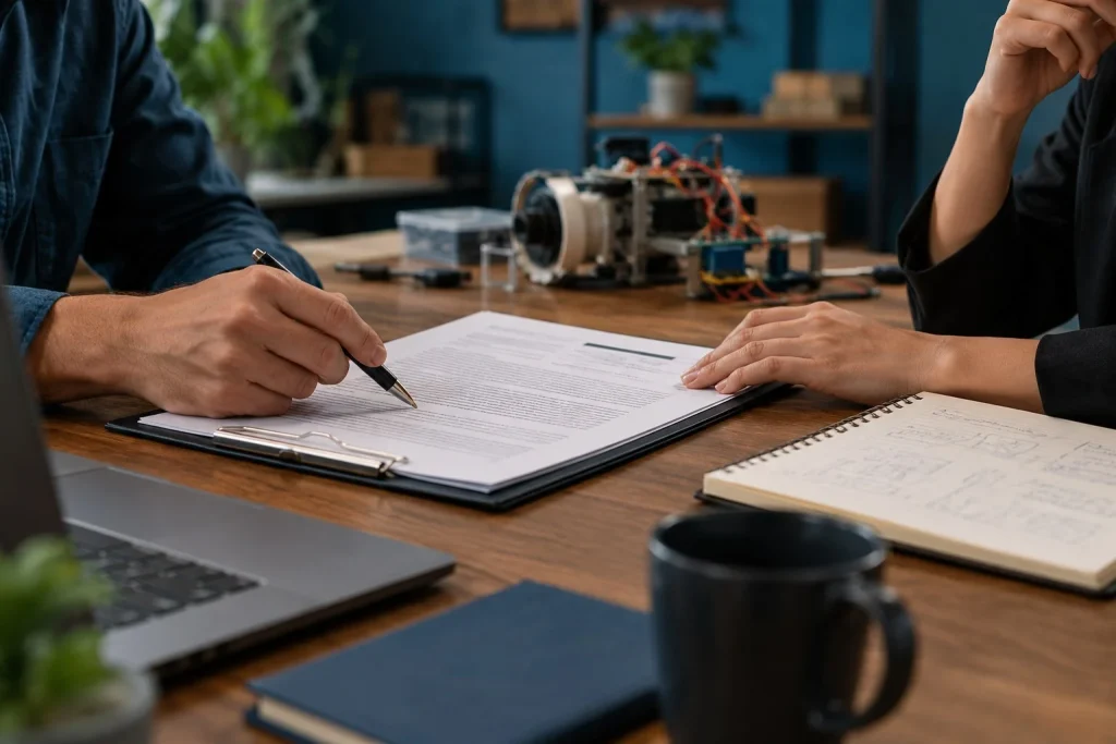 Mãos examinam documentos e anotações de planejamento de uma empresa.