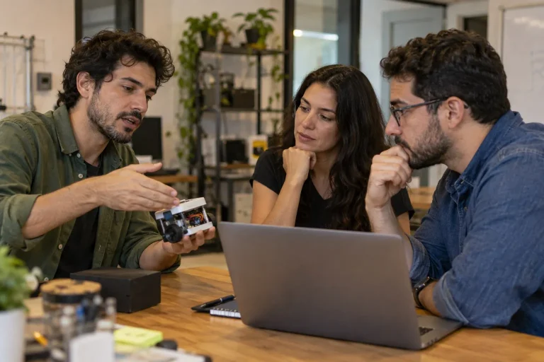 Empreendedores conversam sobre um protótipo em uma pequena empresa de tecnologia.