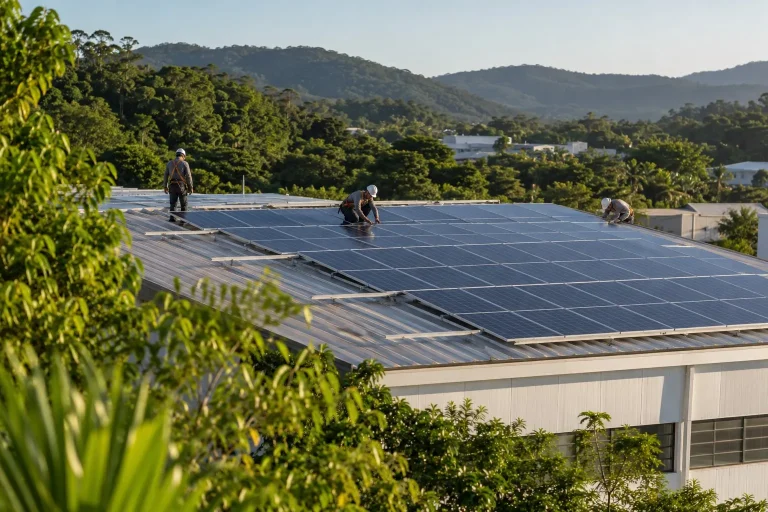 Painéis solares em uma instalação industrial cercada por vegetação.