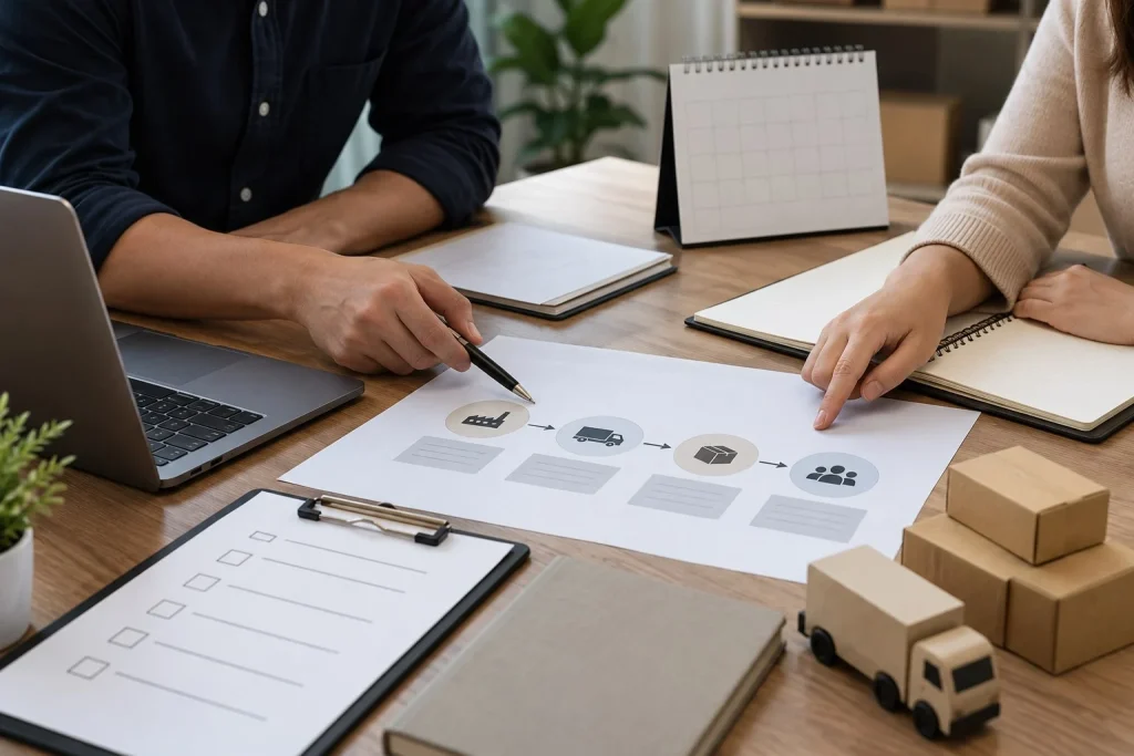 Equipe examina calendário e documentos sobre uma mesa de trabalho.
