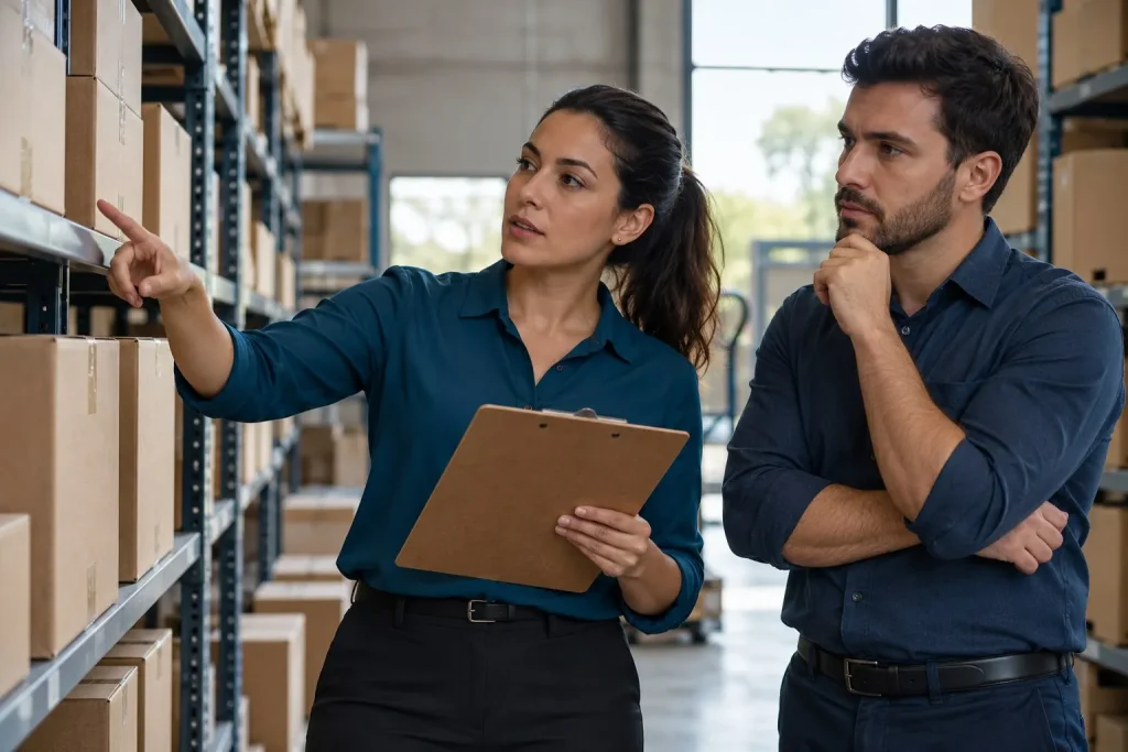 Gestora e colega conferem caixas e documentos em uma pequena distribuidora.