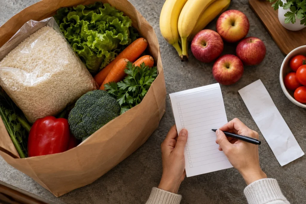 Alimentos e uma lista de compras sobre a bancada de uma cozinha.