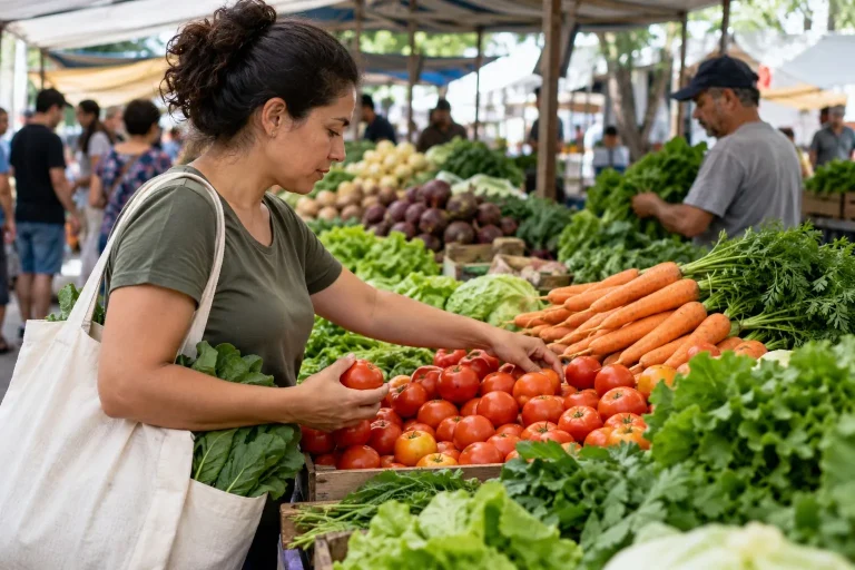 Consumidora escolhe legumes em uma feira de bairro.