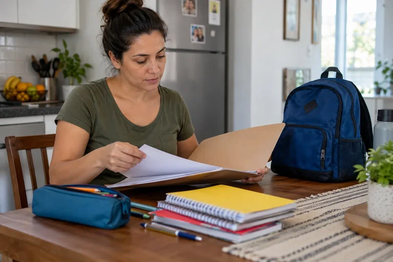 Responsável revisa documentos escolares ao lado de mochila e cadernos.