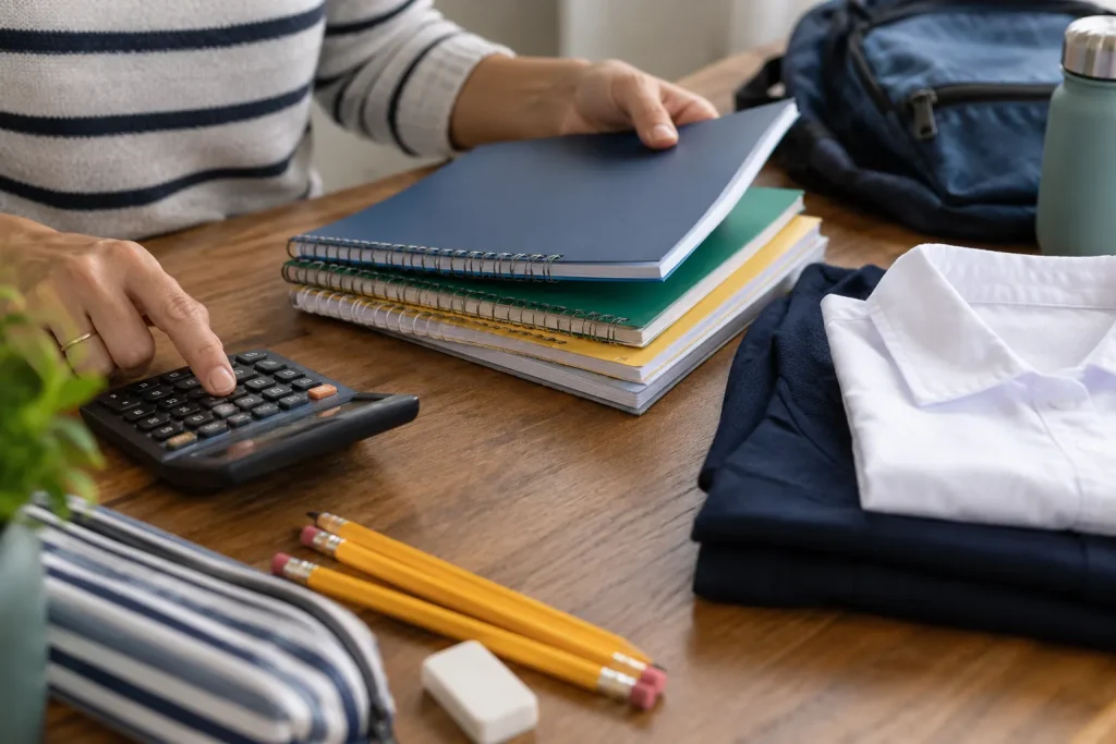 Materiais escolares e calculadora organizados para comparar os gastos do ano.