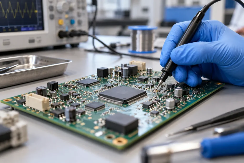 Placa eletrônica examinada com instrumento de teste em uma bancada técnica.