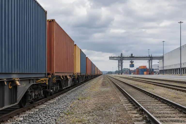 Trem de carga com contêineres em um terminal intermodal em imagem ilustrativa.