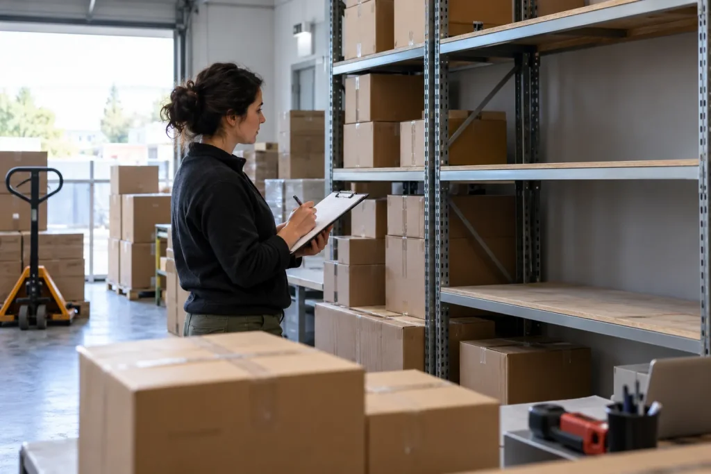 Trabalhador confere caixas e disponibilidade de produtos em um armazém.