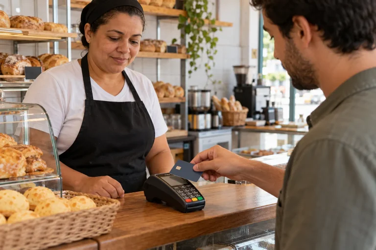 Cliente aproxima um cartão de um terminal de pagamento no balcão de uma padaria.