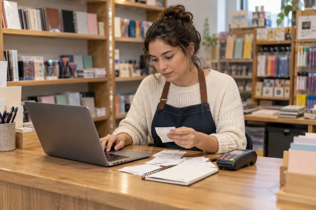 Comerciante confere comprovantes e registros de vendas em um computador.
