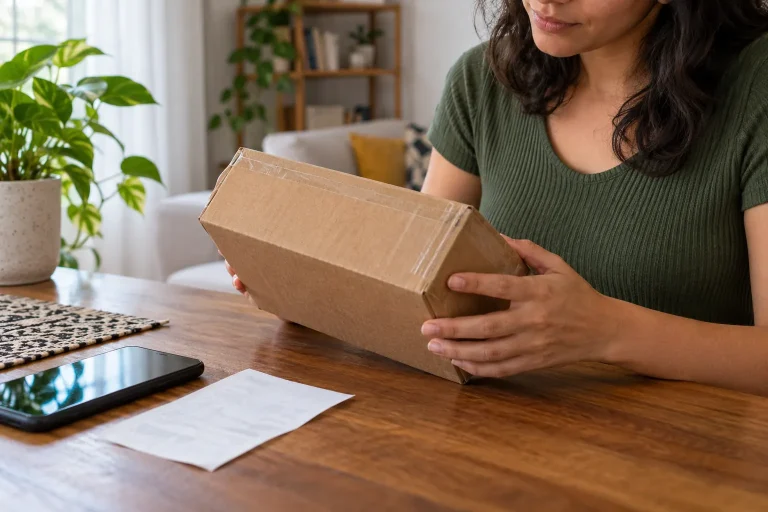 Pequena encomenda, celular e comprovante sobre uma mesa doméstica.