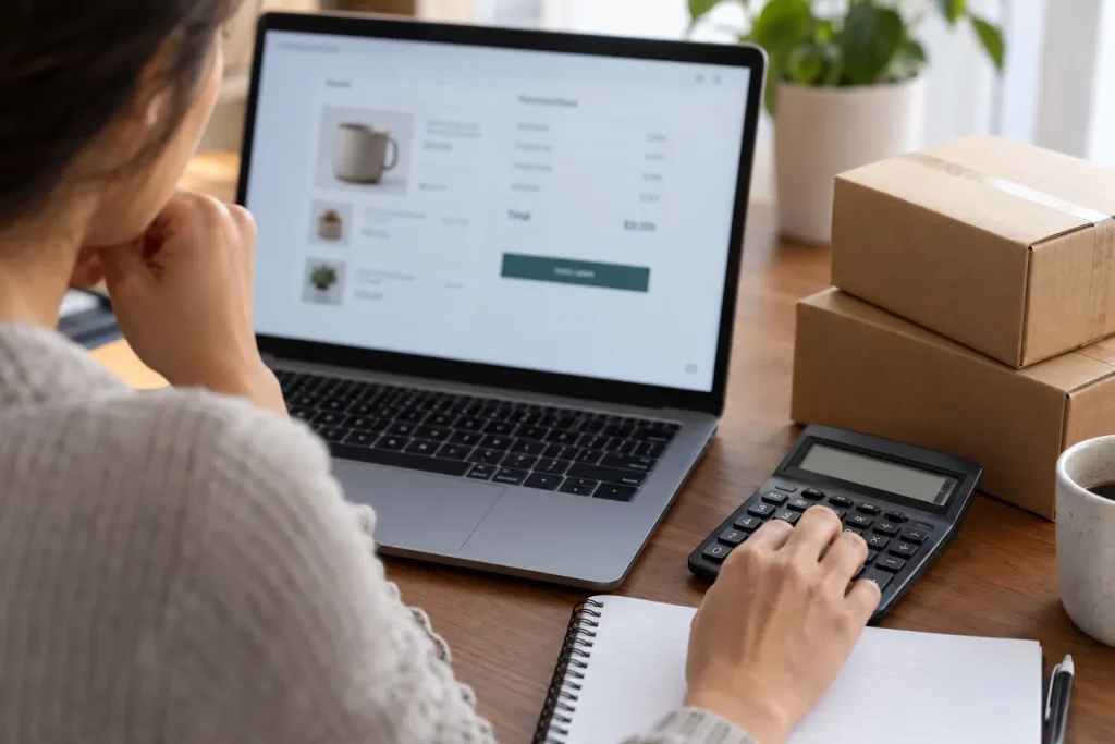 Pessoa confere uma compra em computador com calculadora e encomendas ao lado.