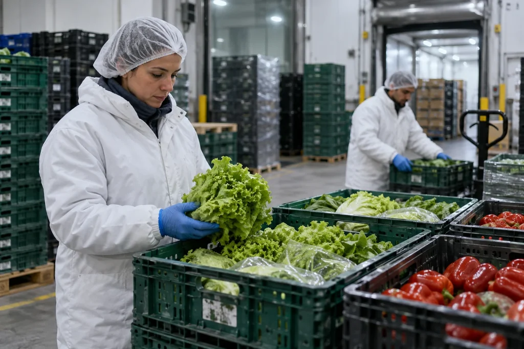Profissionais inspecionam produtos em um centro de distribuição refrigerado.