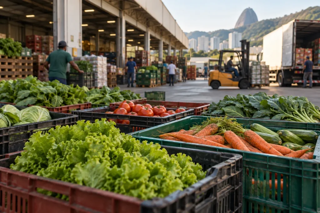 Caixas de hortaliças em um centro de distribuição de alimentos.