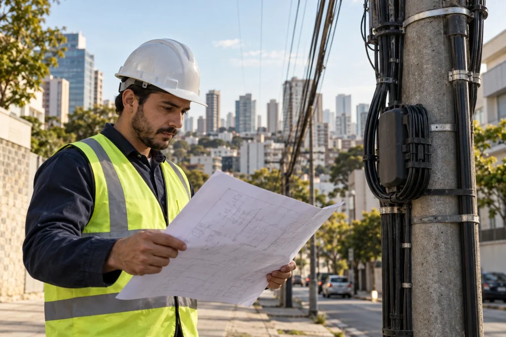 Técnico de telecomunicações confere um projeto ao lado de um poste.