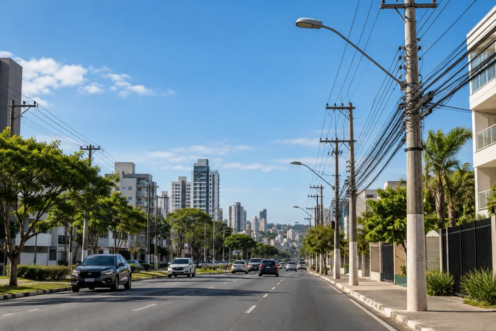 Rua brasileira com postes e redes de energia e telecomunicações.