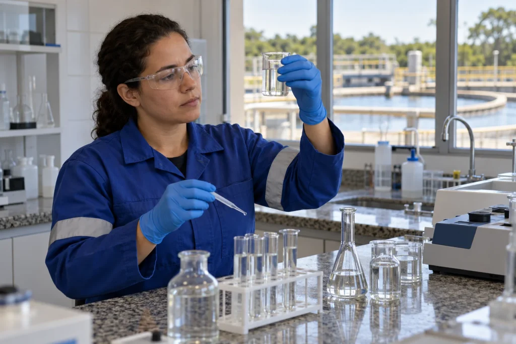 Profissional de laboratório analisa uma amostra de água.
