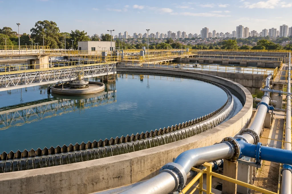 Tanques e tubulações de uma estação de tratamento de água.