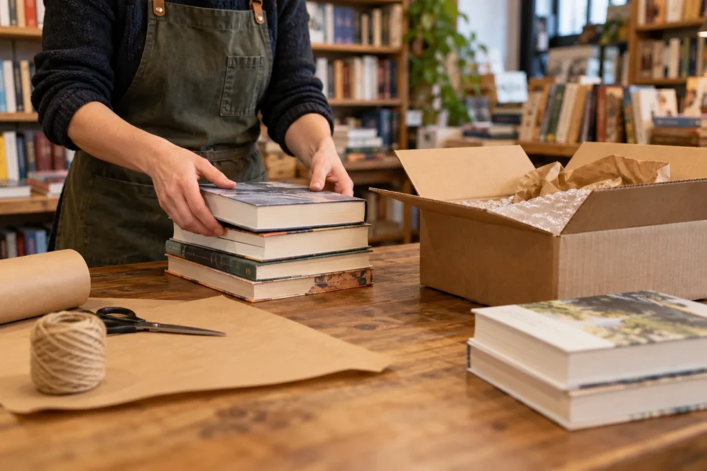 Profissional prepara livros e uma embalagem para um pedido online.