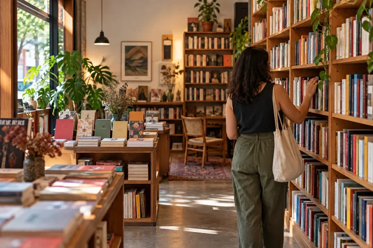 Cliente observa livros nas estantes de uma livraria.