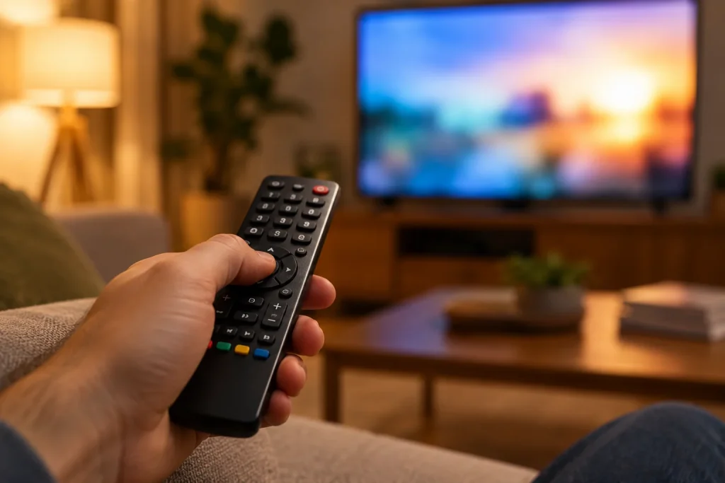 Pessoa segura um controle remoto diante de uma televisão.