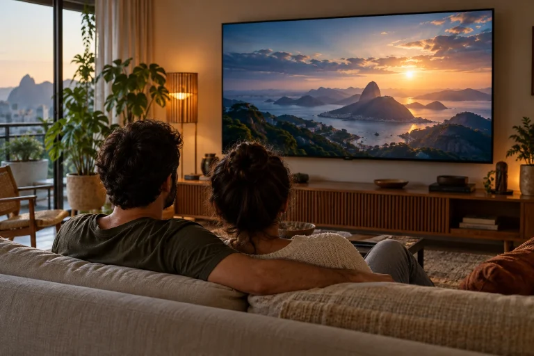 Casal assiste a uma televisão em uma sala de estar.