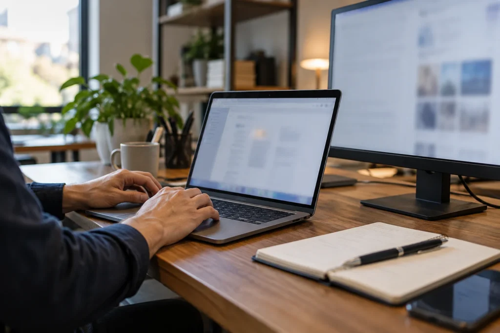 Profissional utiliza notebook e monitor em um escritório.