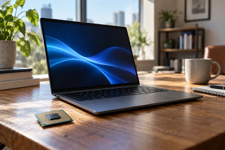 Notebook e um componente eletrônico em uma mesa de trabalho.