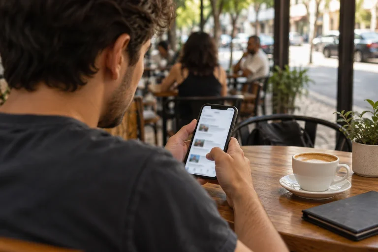 Pessoa pesquisa informações em um smartphone em um café.