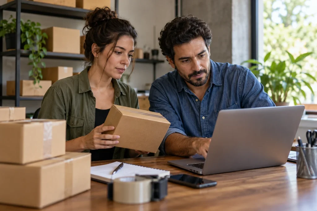 Dois empreendedores verificam uma encomenda e informações em um notebook.