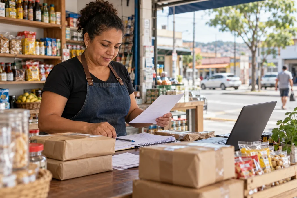 Comerciante confere pedidos no balcão de um pequeno negócio.