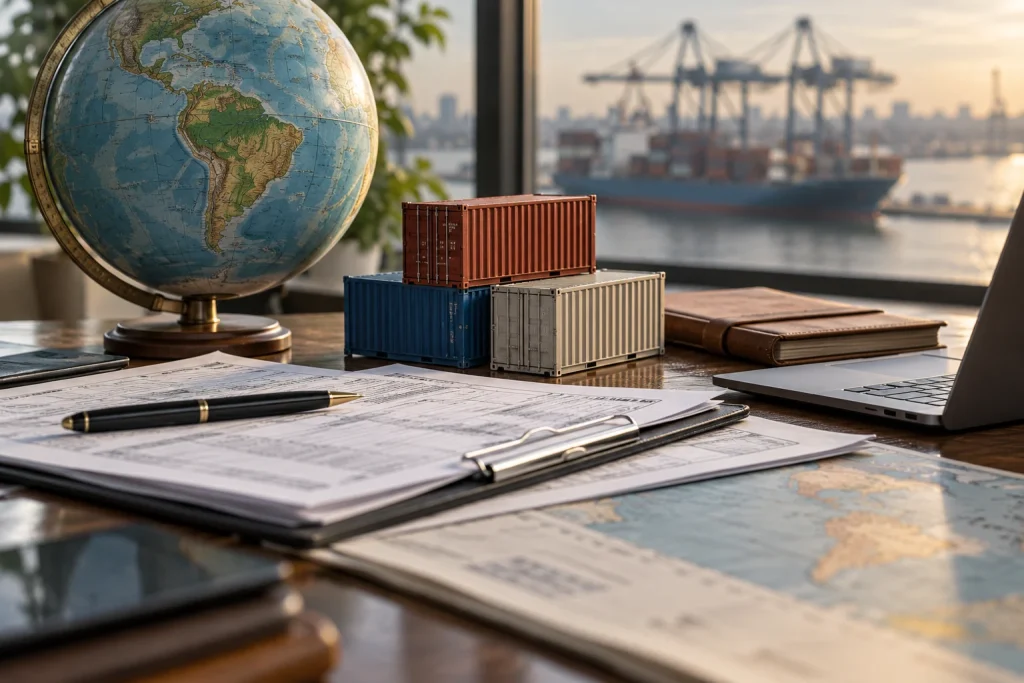 Documentos de transporte, globo e miniaturas de contêineres em uma mesa.