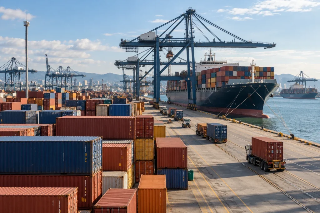 Contêineres e navio cargueiro em um porto internacional.