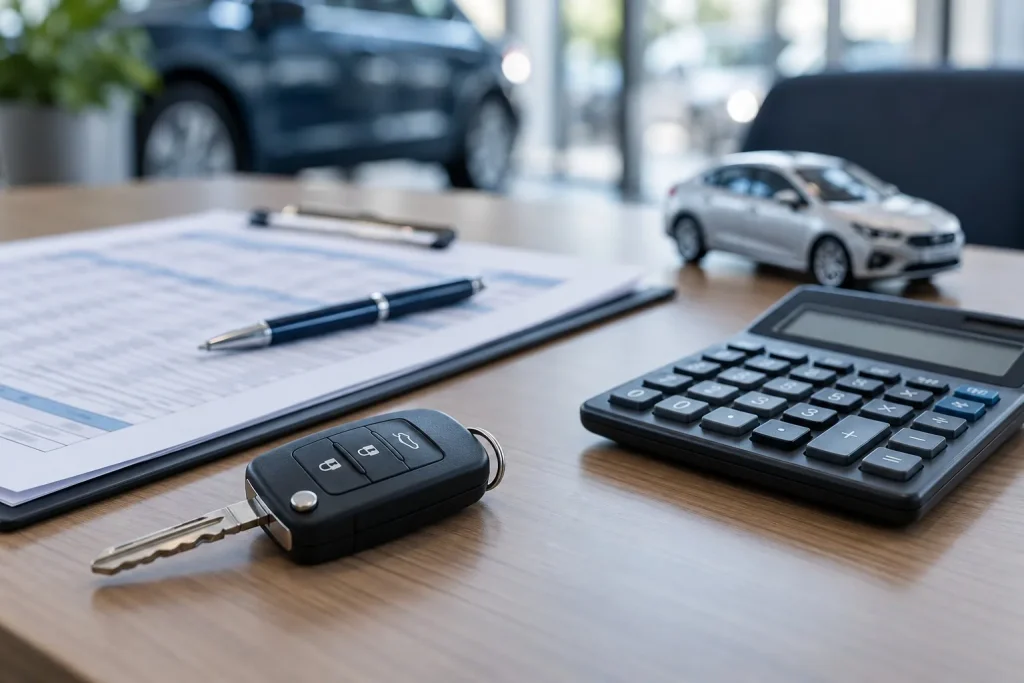 Chave de carro, calculadora e documentos ilustram a comparação de um financiamento.