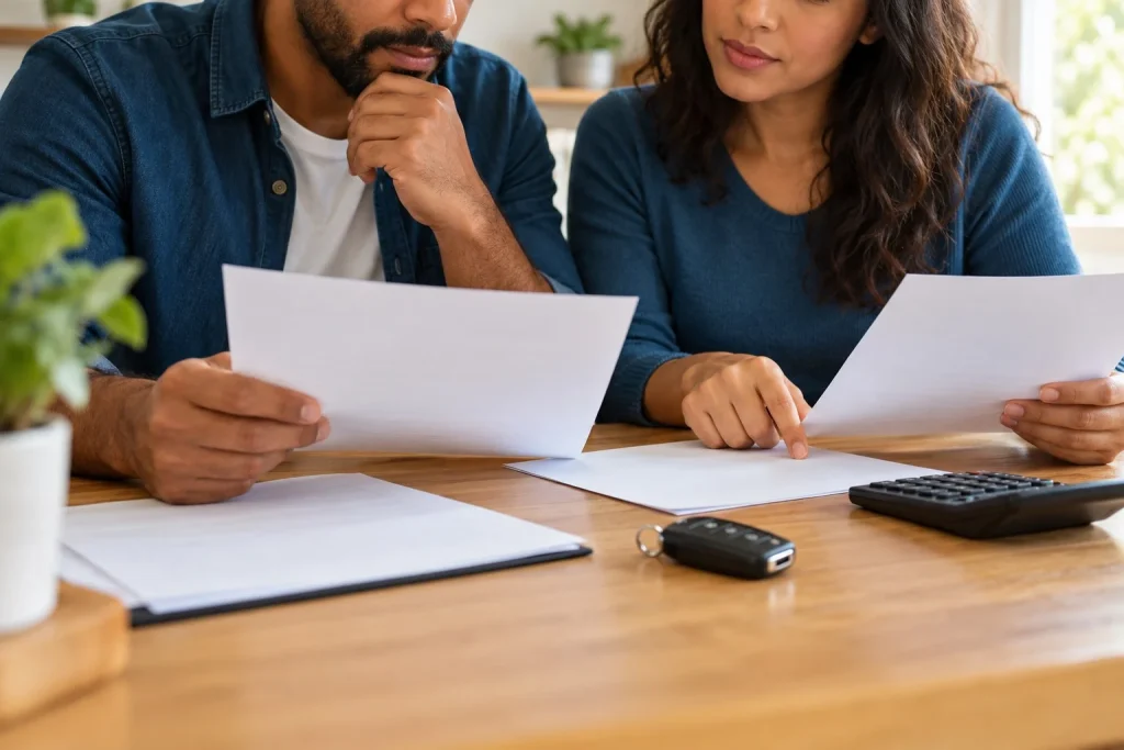 Casal compara documentos e custos antes de financiar um automóvel.