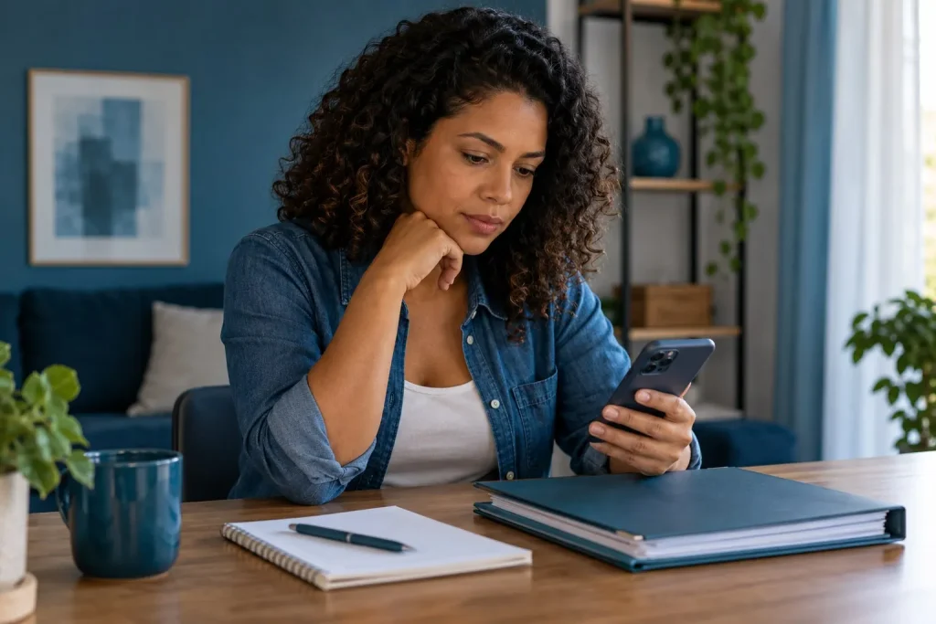 Trabalhadora analisa documentos e consulta o celular para organizar suas finanças.