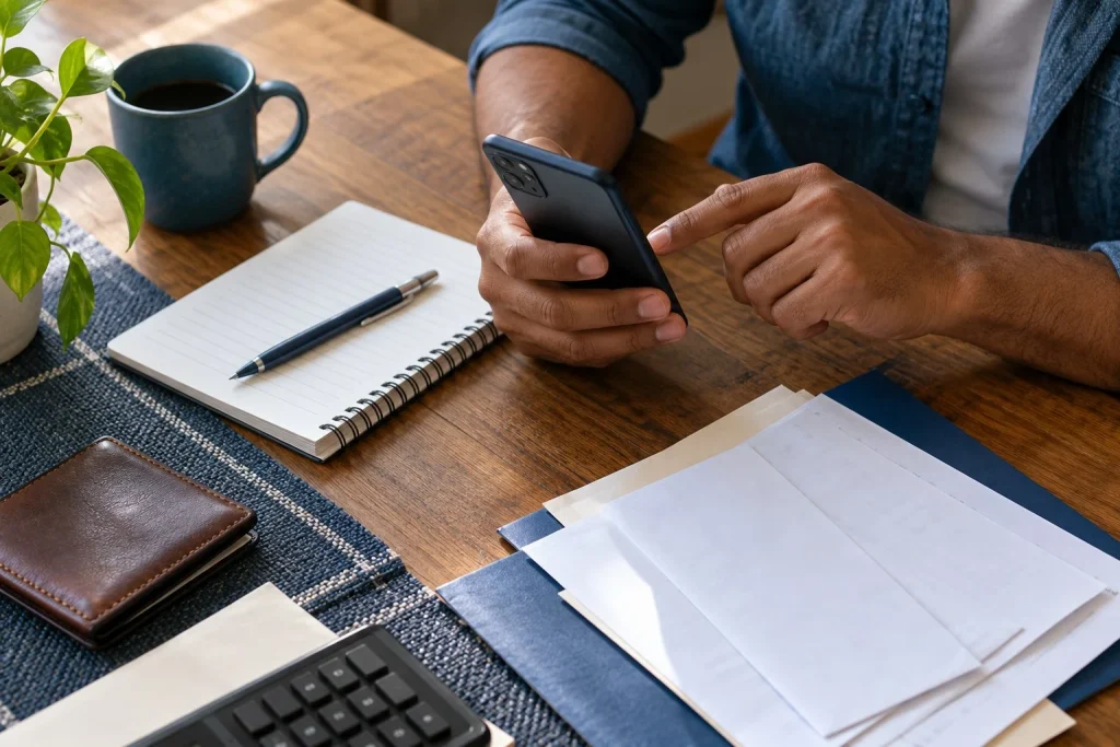 Documentos e celular sobre a mesa ilustram a consulta e o planejamento do uso do FGTS.