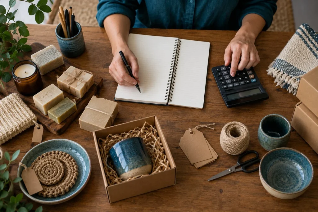 Produtos, caderno e calculadora sobre a mesa de uma pequena empresa.