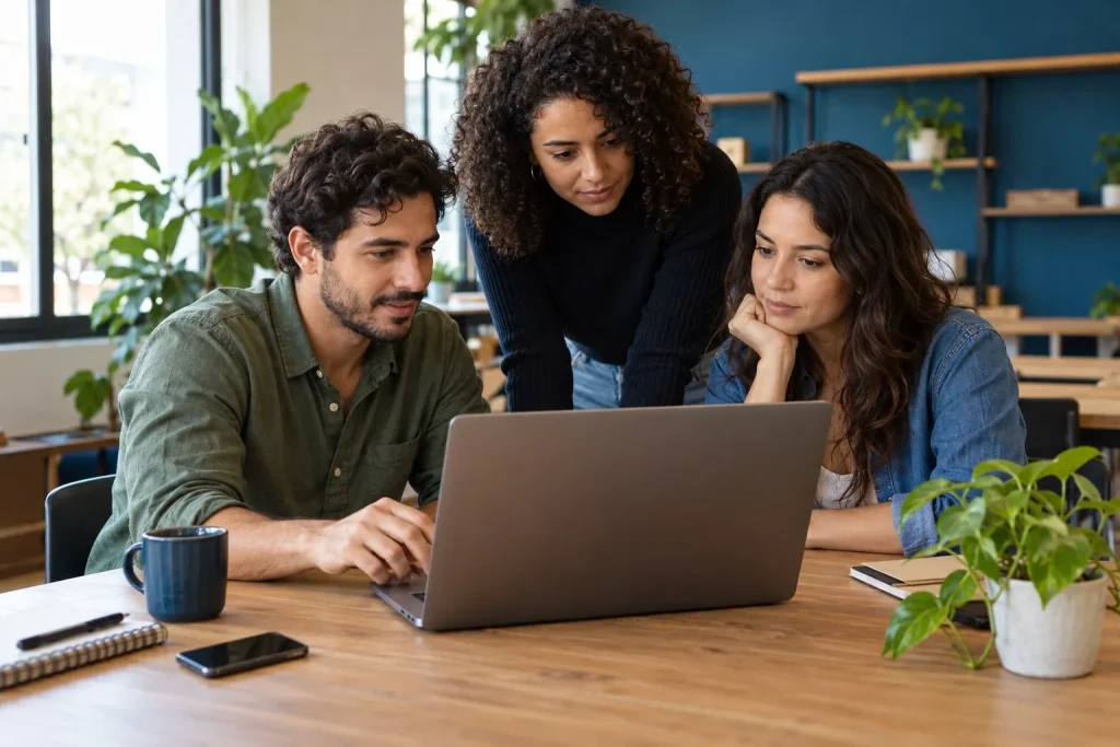 Equipe de startup testa um produto em computador num espaço de trabalho simples.