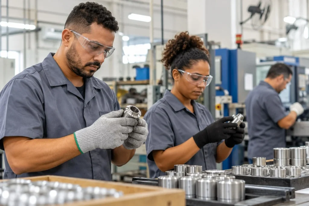 Trabalhadores conferem peças em uma pequena indústria.